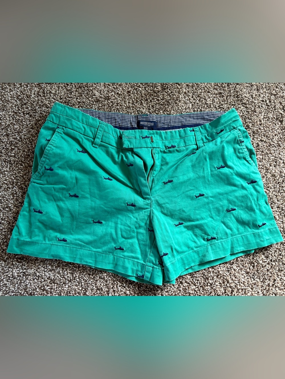 British Khaki Green Shorts with Navy Embroidery